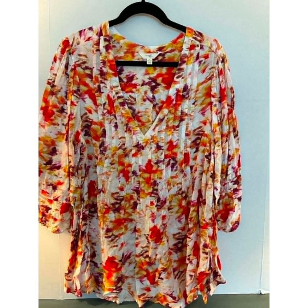 Terra & Sky Womens 1X 16W-18W Abstract Floral Tunic Top V Neck 3/4 Sleeve Boho